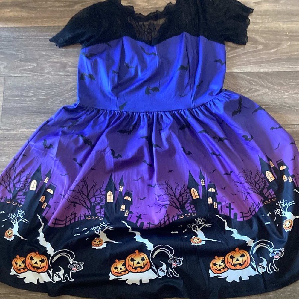 Women’s Halloween purple blue pumpkin black lace print dress xl